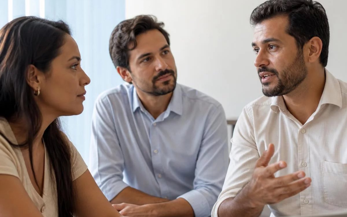 Roda de conversa numa sala clara, com uma pessoa expondo o ponto e duas escutando