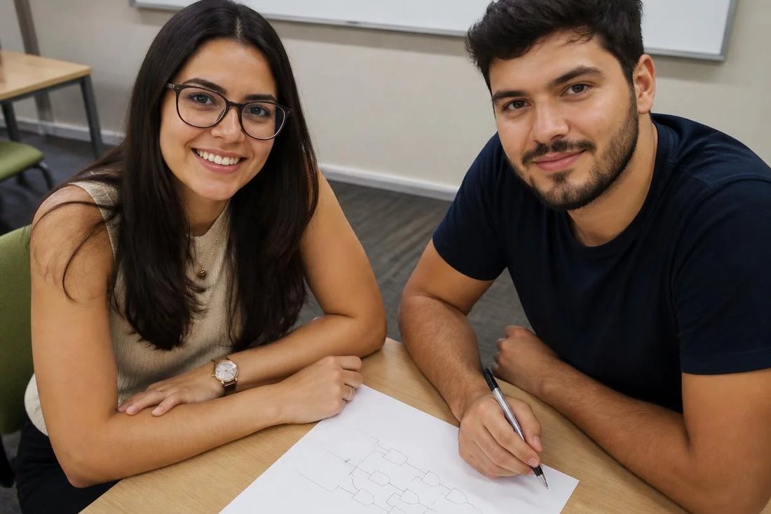 Dois participantes desenham a caneta o encadeamento de um argumento numa folha quadriculada
