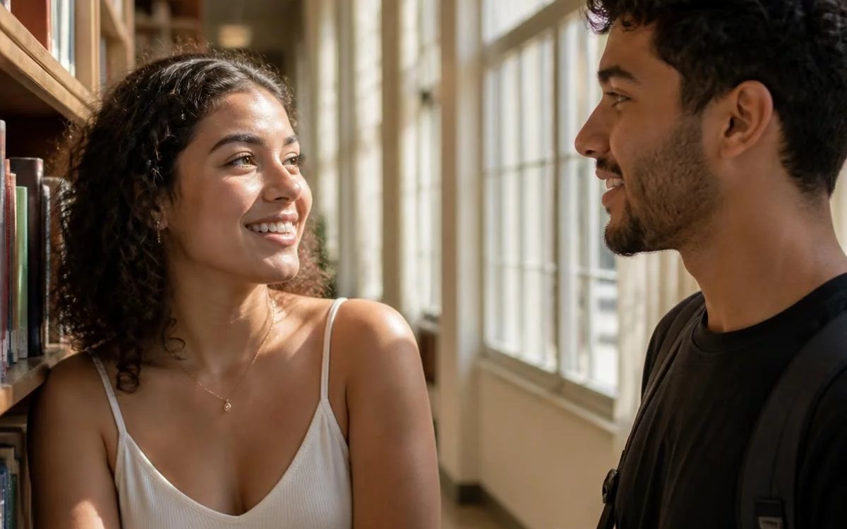 Três pessoas sentadas a uma mesa comprida, no meio de uma conversa numa sala de janelas altas