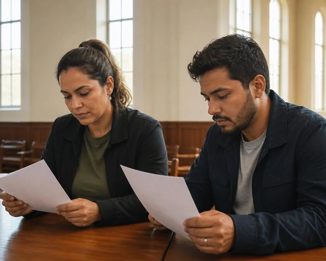 Dupla discute em pé entre as estantes de uma biblioteca, cada um sustentando o seu ponto