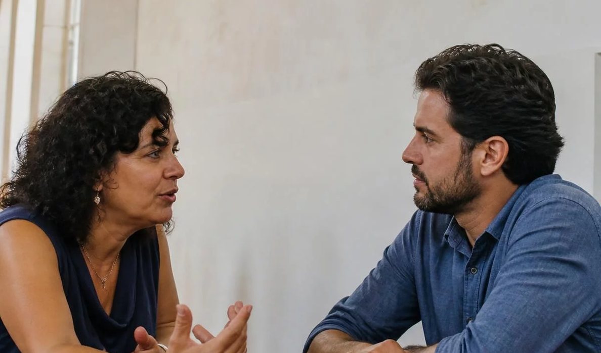Três participantes conversam ao redor de uma mesa comprida numa sala clara de janelas altas