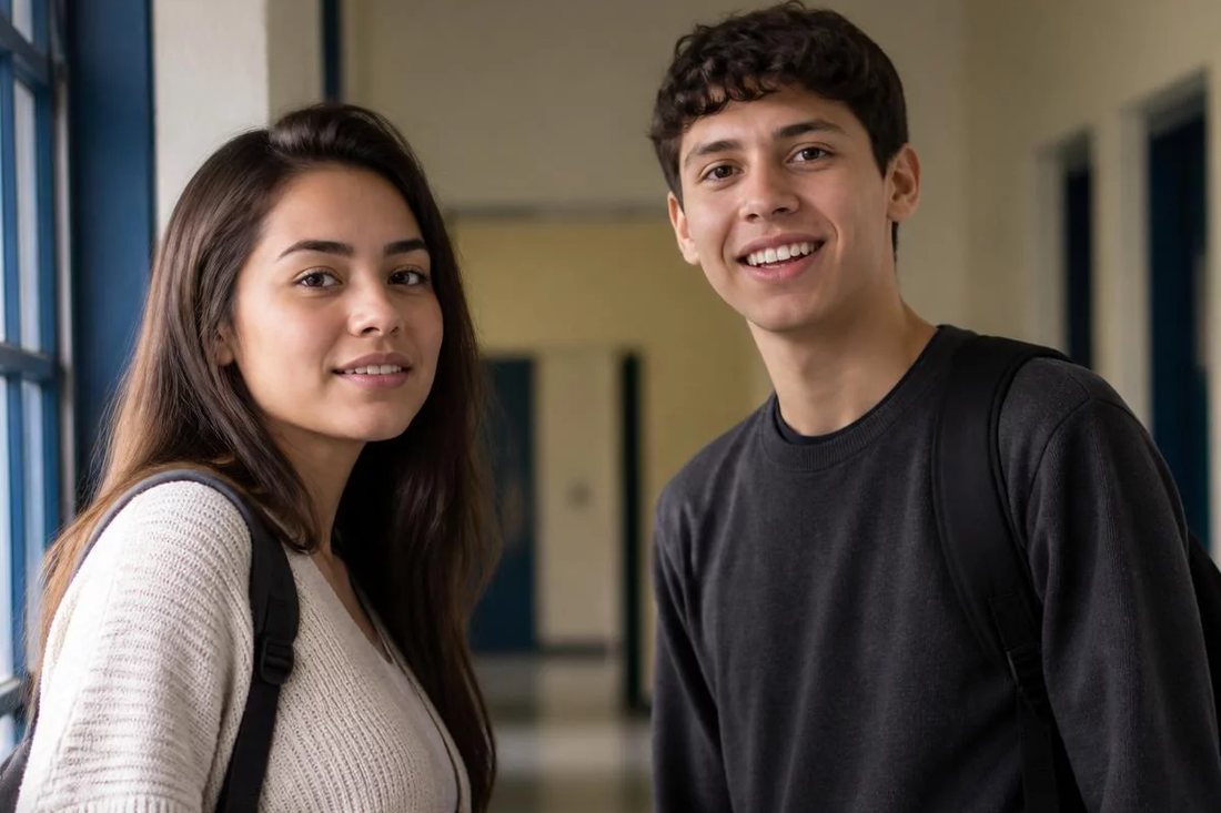Dois estudantes de mochila continuam a discussão no corredor depois da sessão
